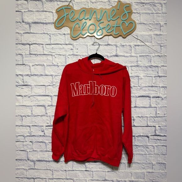 Vintage 90’s Marlboro Logo Red Drawstring Hoodie Sweatshirt Size L - Picture 4 of 13
